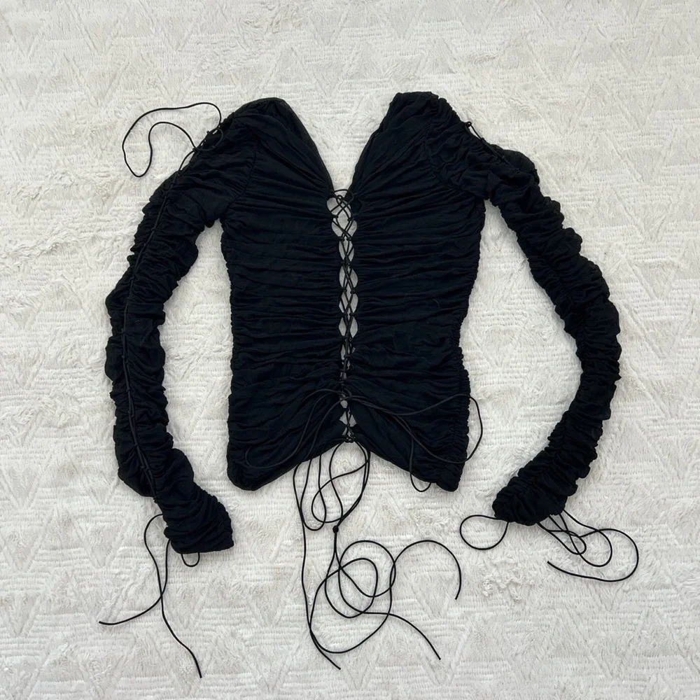 INTERIOR Kit ruched lace up stretch jersey top in black - Picture 2 of 6